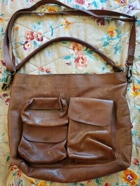 Large Brown Leather Crossbody Tote with Front Pockets